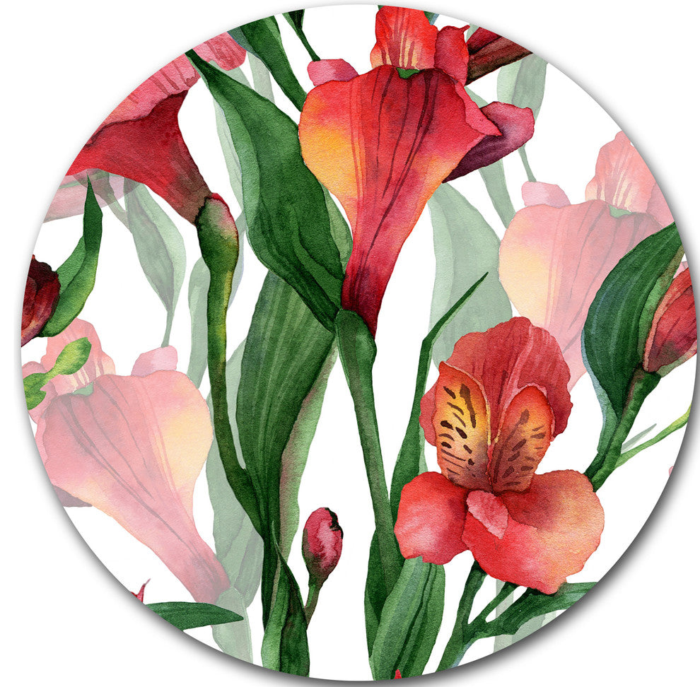 Red Floral Pattern Art, Floral Art Large Disc Metal Wall Art, 36"
