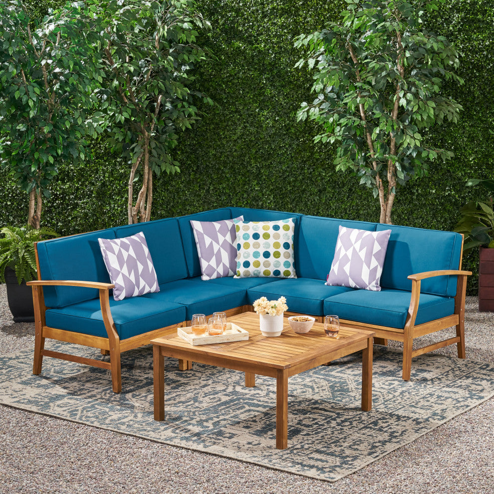 Outdoor 5-Seat V Shaped Acacia Sectional With Table, Blue