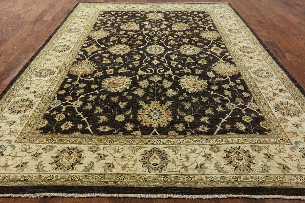 Oushak Style Brown Hand-Knotted Peshawar Chobi Wool Rug, 9'x12'