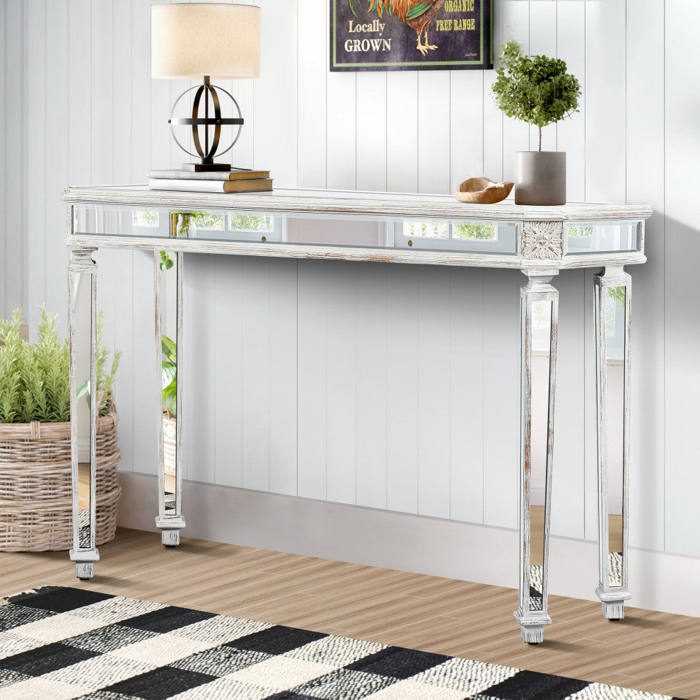 GDF Studio 48" Vintage Mirror Console Table With Wood Grain Carving, Oak/Silver