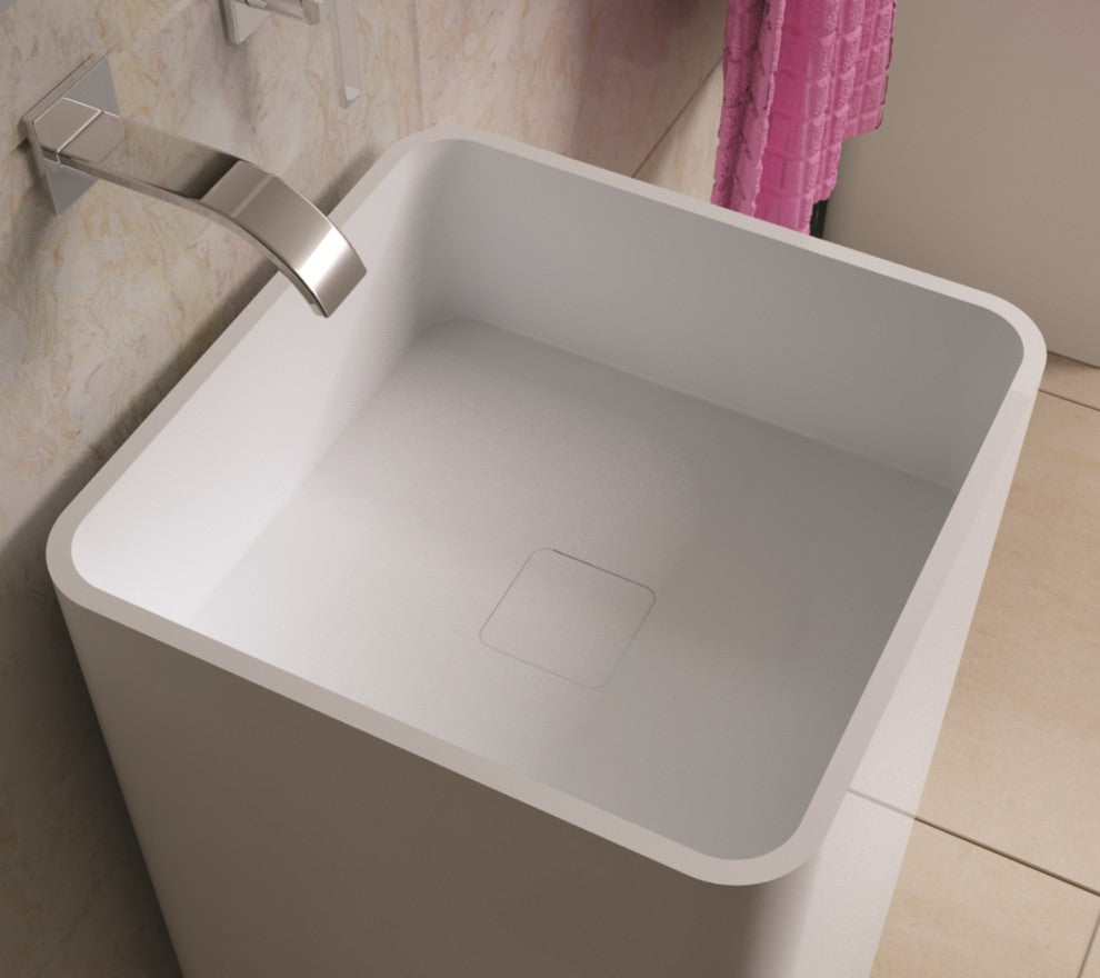 ADM Square Freestanding Pedestal Sink, White, 16", Glossy White