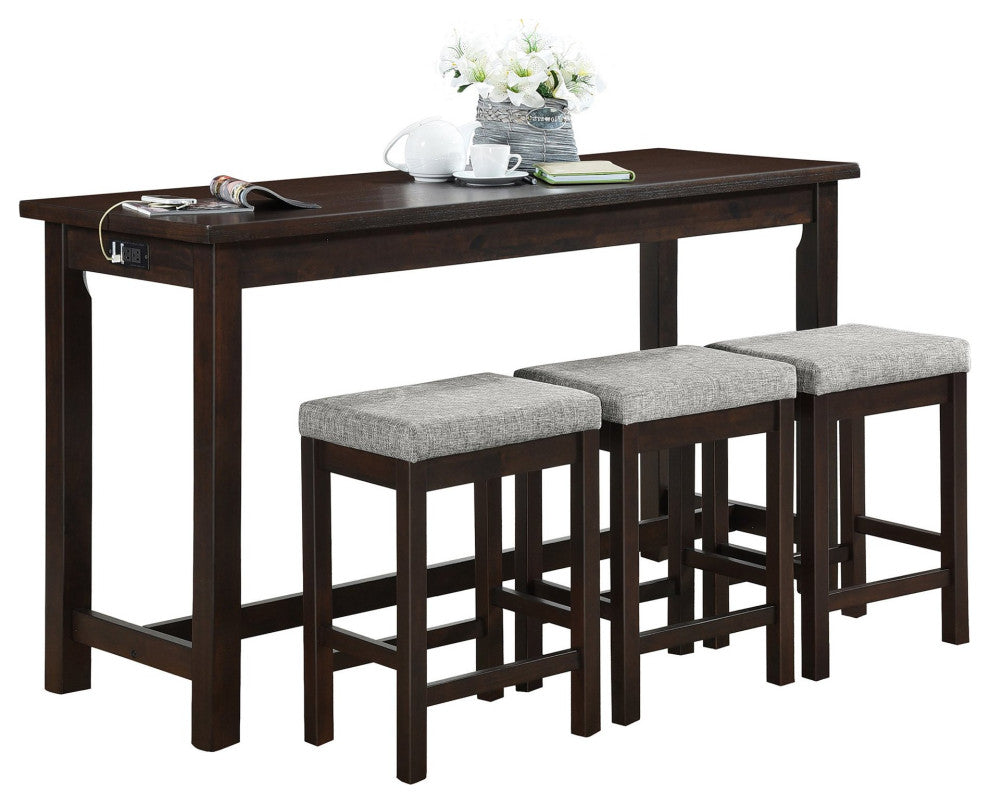 4 Pieces Pub Set, Cushioned Stools & Large Table With Charging Station, Espresso