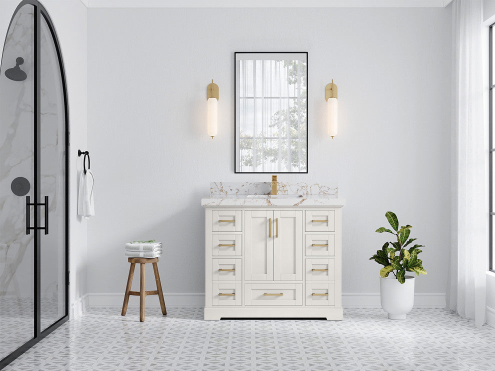 Boston 42" Single Sink Bath Vanity in Alabaster 2" Viola Gold