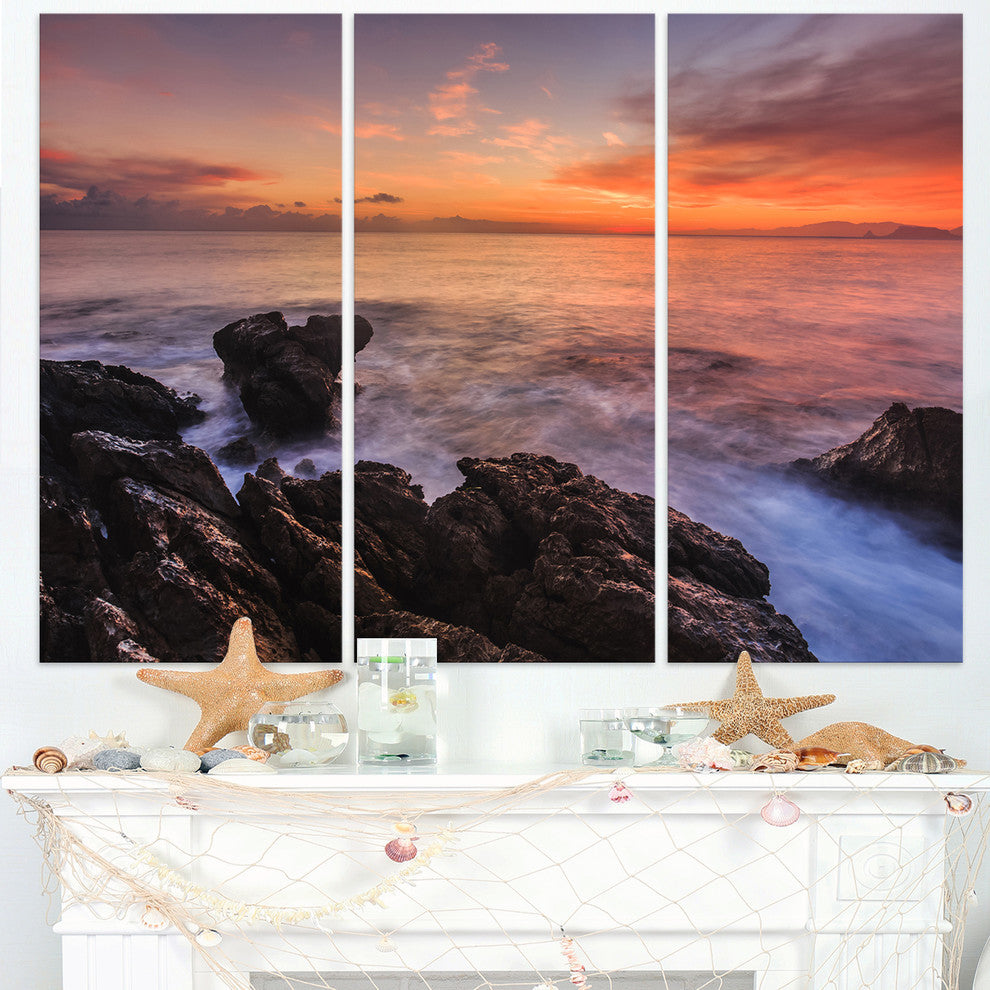 "Sunrise Over the Coast of Sicily" Beach Metal Wall Art, 3 Panels, 36"x28"