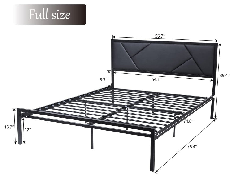 Modern Full Size Metal Bed Frame with Geometric Litchi Grain Leather Headboard
