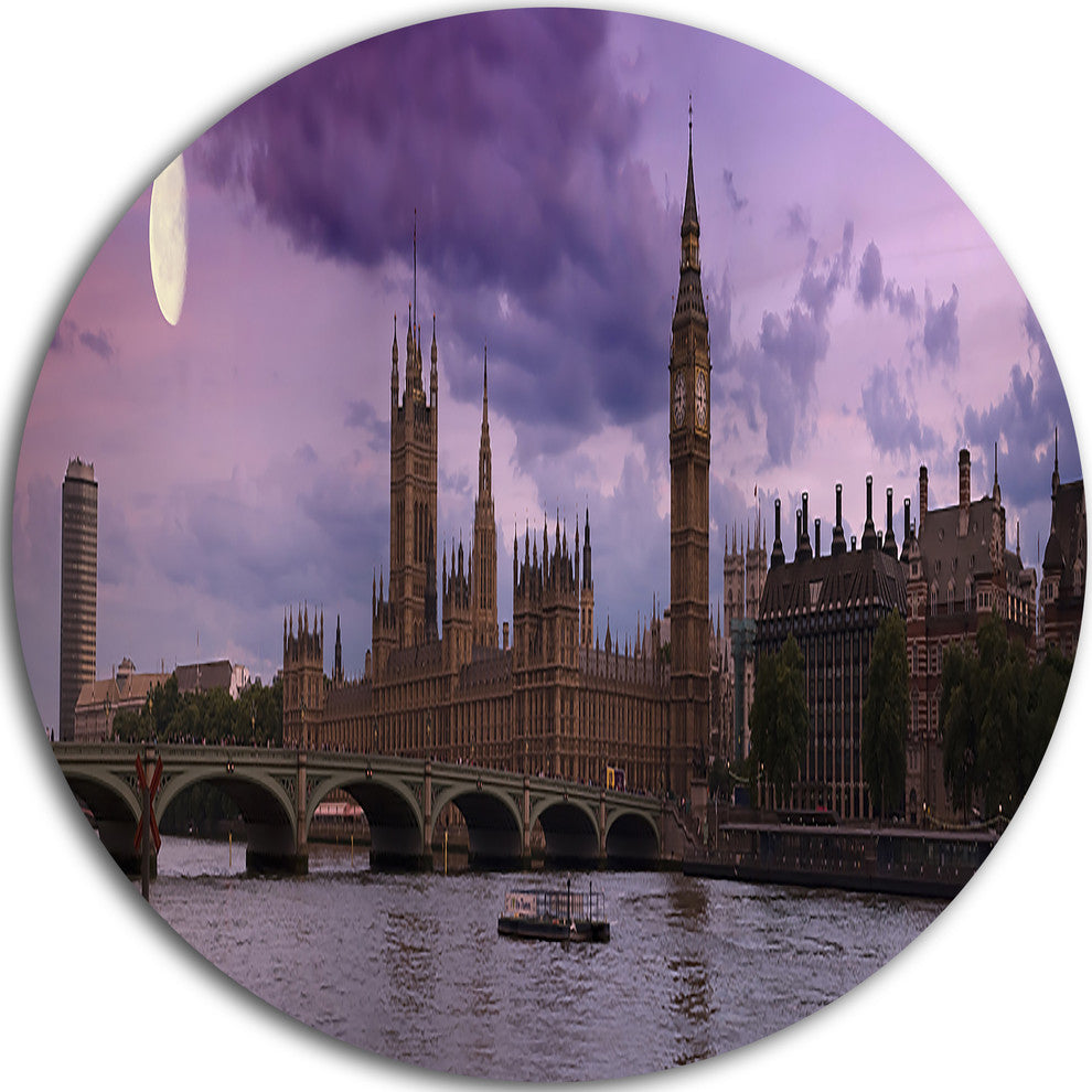 London With Purple Sky At Sunset, Cityscape Photo Round Wall Art, 23"
