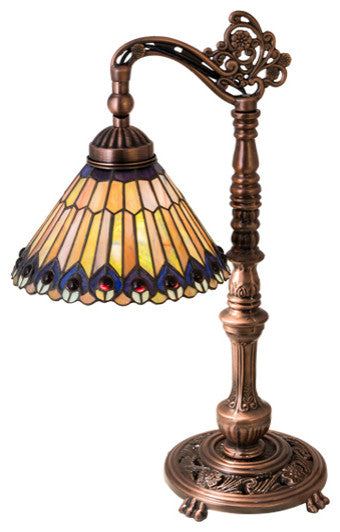 19H Tiffany Jeweled Peacock Bridge Arm Desk Lamp