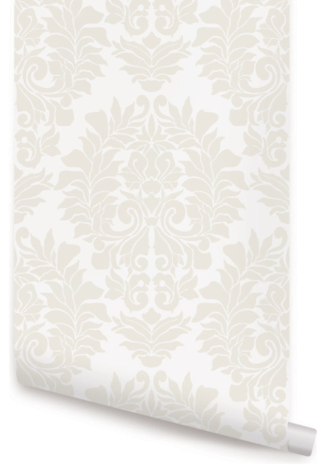 Classic Damask Peel and Stick Vinyl Wallpaper, Beige on White, 24"w X 60"h