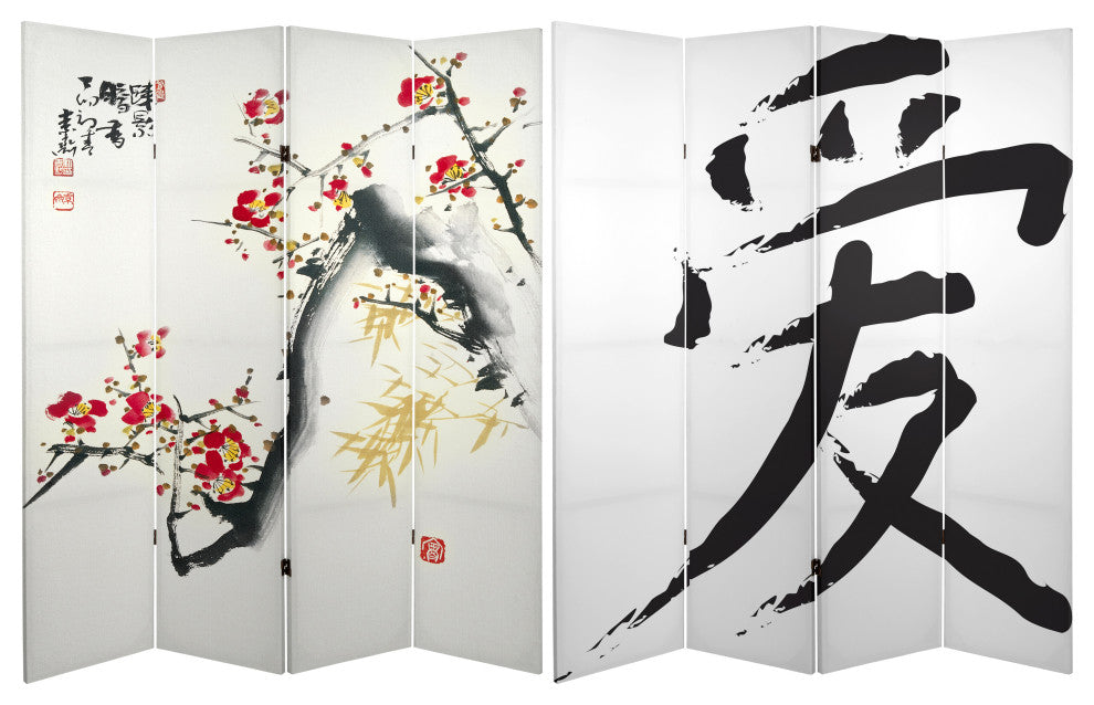 6' Tall Double Sided Cherry Blossoms and Love Canvas Room Divider 4 Panel