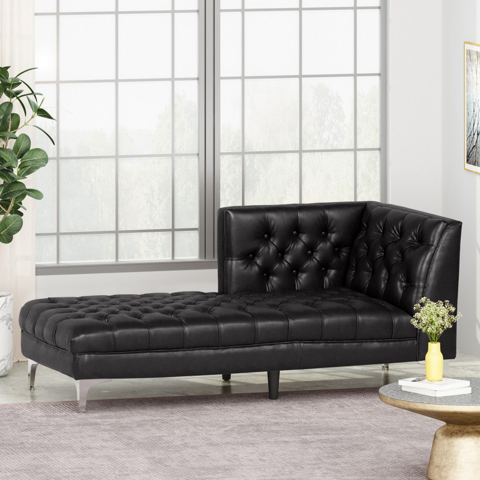 Bluffton Contemporary Tufted One Armed Chaise Lounge, Midnight + Silver