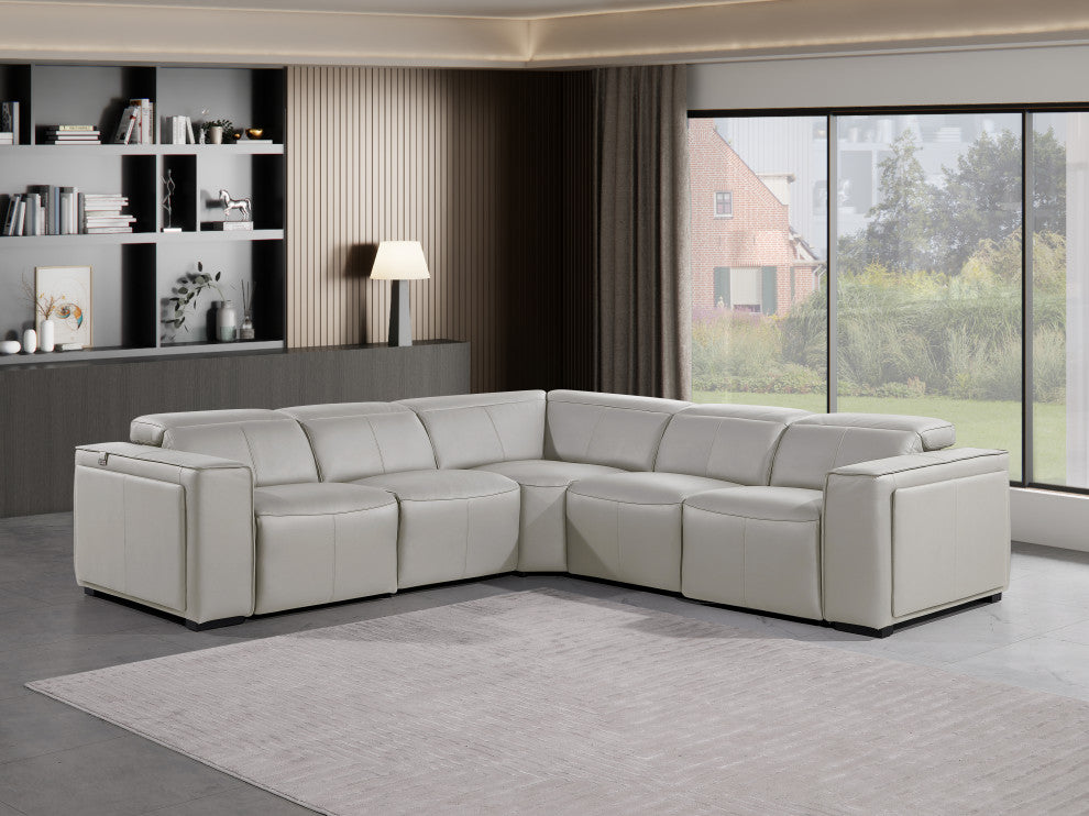 Niccolo Italian Leather 5-Piece L-Shaped Power Reclining Sectional, Light Gray