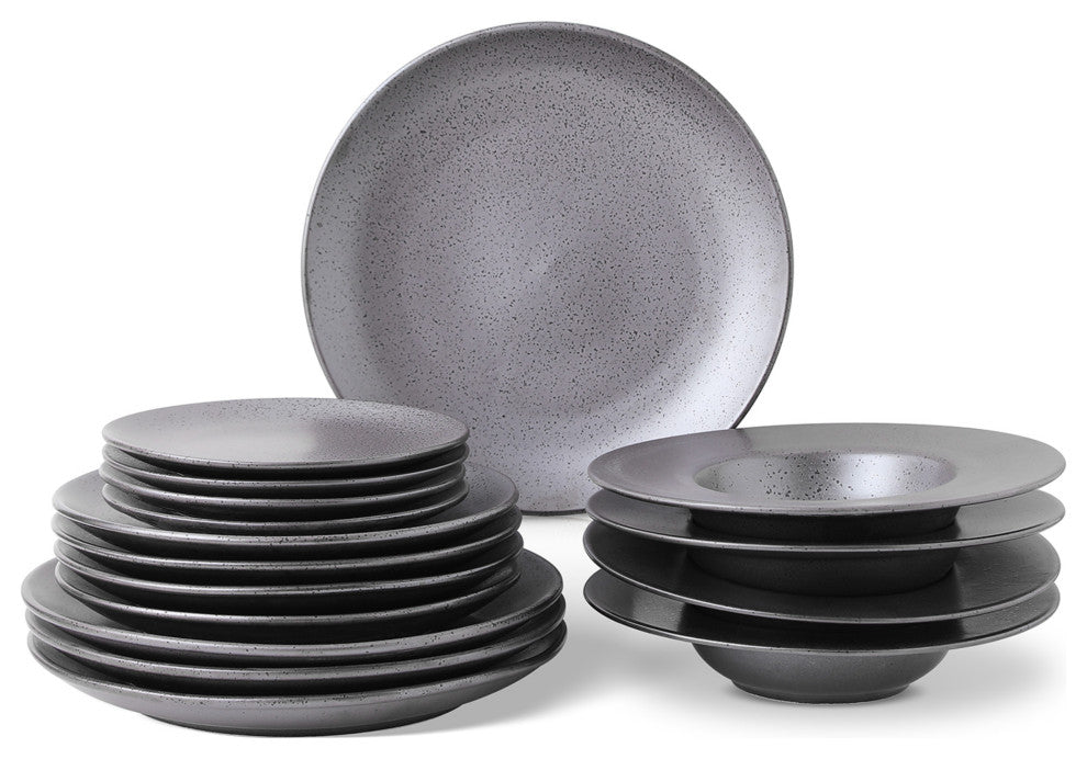 Stone Lain Valencia Porcelain 16 Piece Dinnerware Set, Metallic Grey