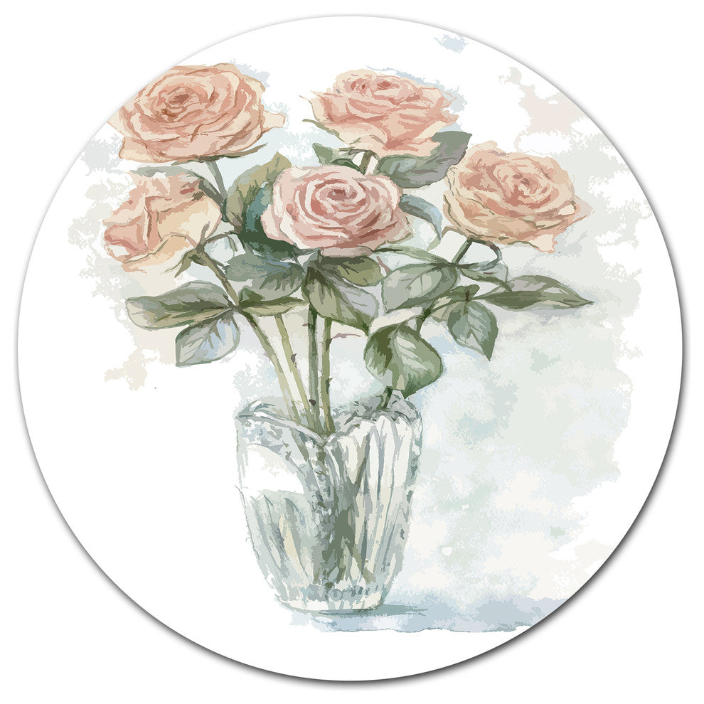 Pink Roses Bunch In The Vase, Modern Flower Disc Metal Wall Art, 11"