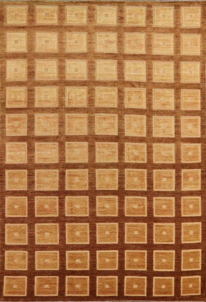 Modern Orange Geometric Gabbeh Hand-Knotted Wool Rug, 10'x15'
