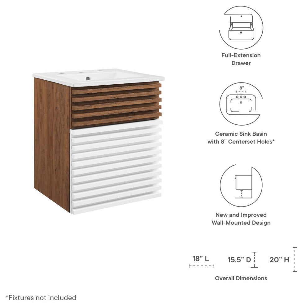 Render 18" Wall-Mount Bathroom Vanity, White Walnut White