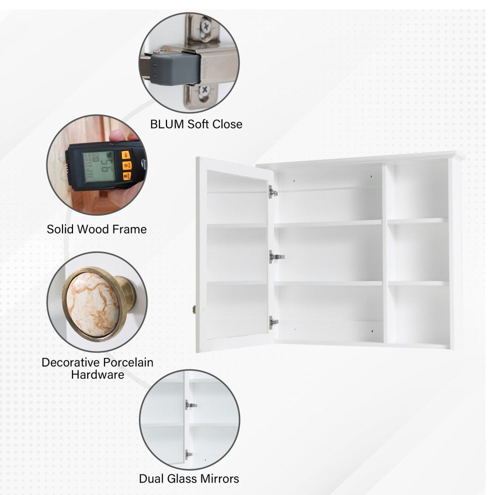 Solid Wood Bathroom Medicine Cabinet With Silver Coated Mirror, White, 34"x30"