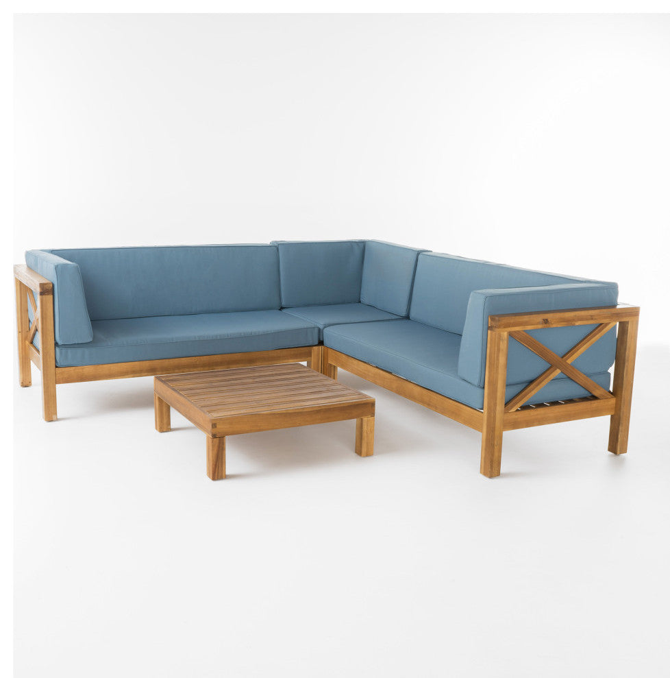 GDF Studio Brava Outdoor 4 Piece V-Shaped Acacia Wood Sectional Sofa Set, Blue
