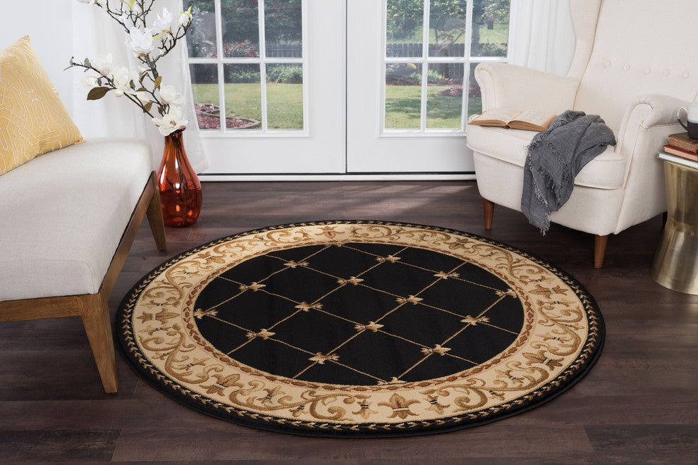 Orleans Traditional Border Area Rug, Black, 5'3" Round