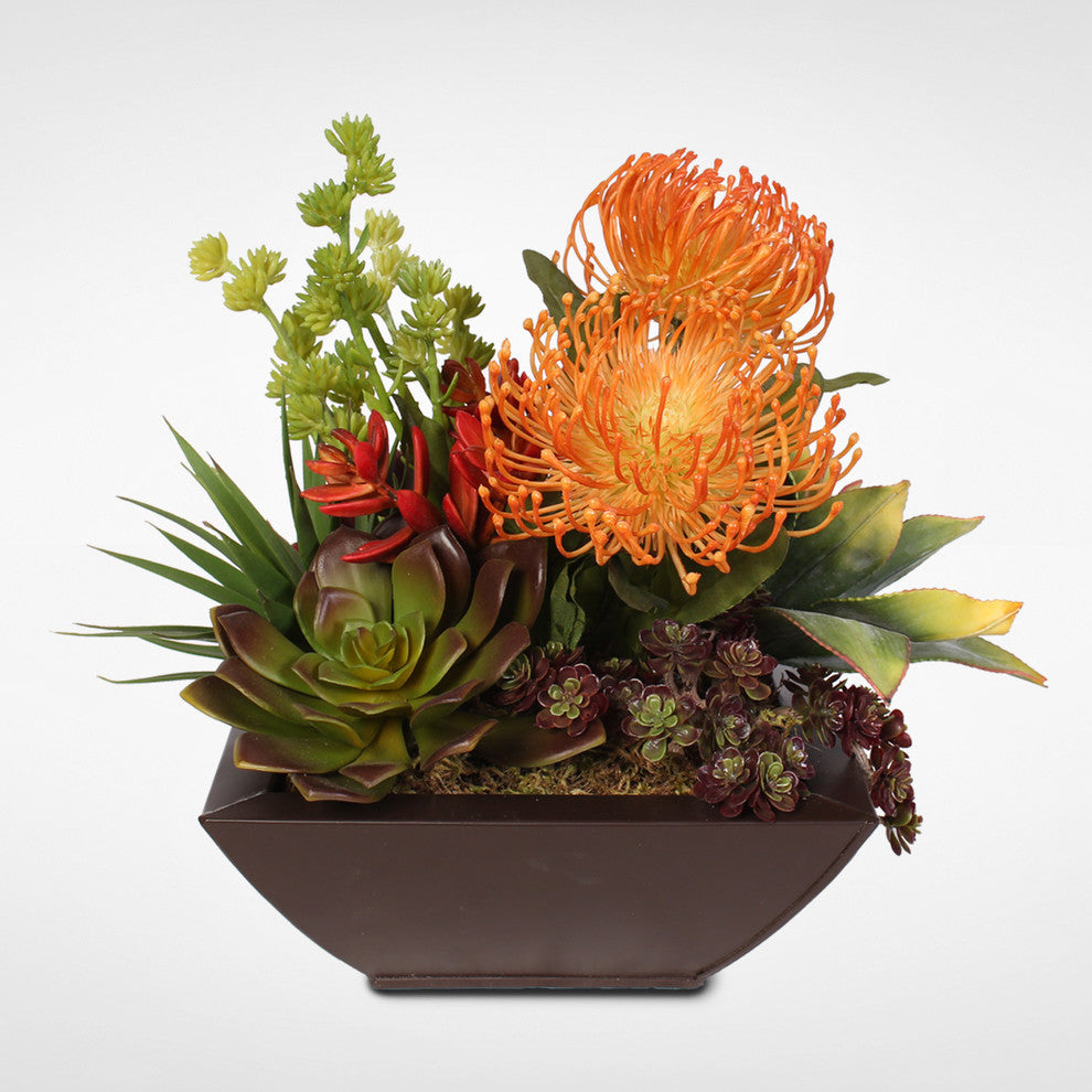 Contemporary Tropical Artificial Succulent Arrangement in a Metal Container