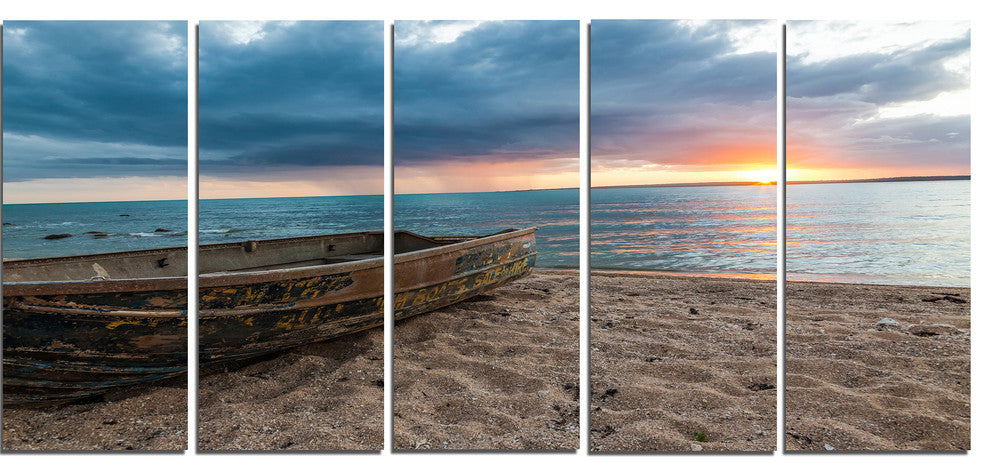 "Rusty Row Boat On Sand At Sunset" Seascape Art Canvas, 5 Panels, 60"x28"