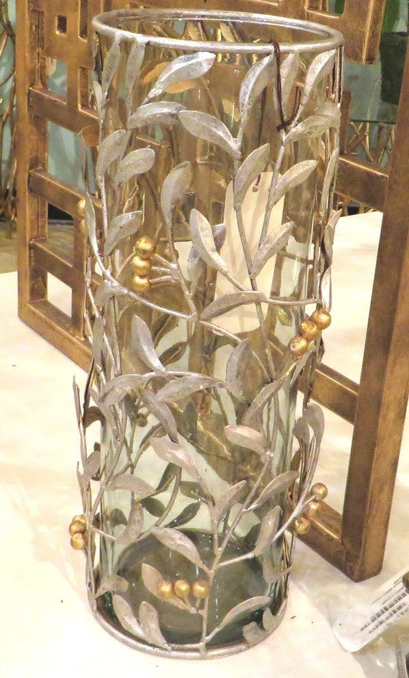 Tall 15" Leaf Berry Pillar Candle Holder, Metal Hurricane Leaves Branches