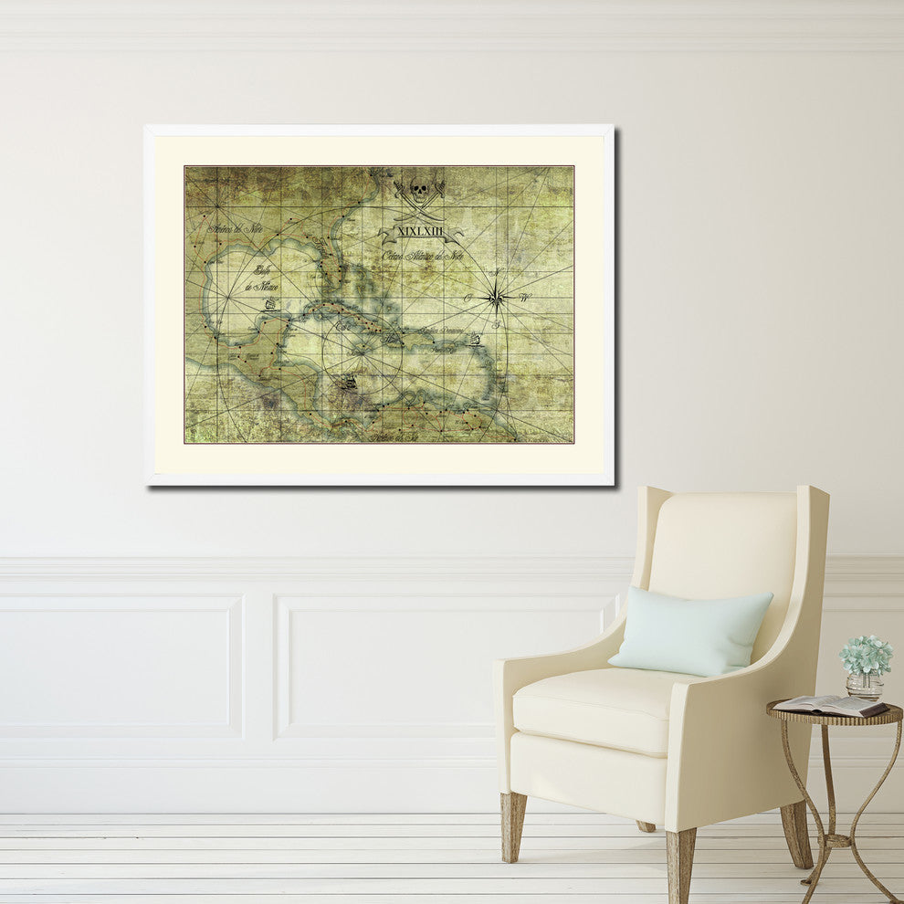 Caribbean Old Map Print On Canvas With Picture Frame Art Collection 16" X 21"