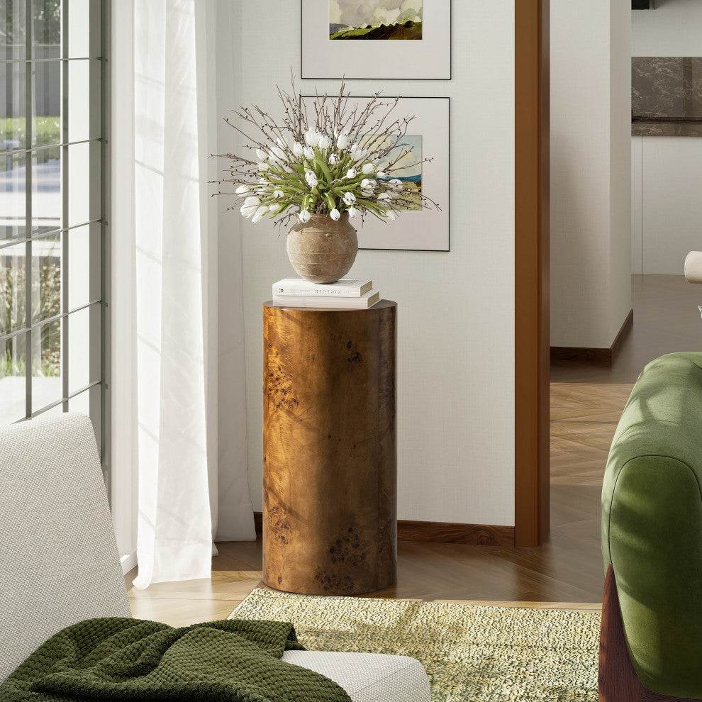 Nebula 29.5" Burl Wood Accent Pillar Side Table, Medium Brown Walnut