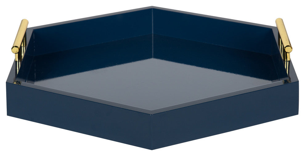 Lipton Hexagon Decorative Tray with Metal Handles, Navy Blue, Gold