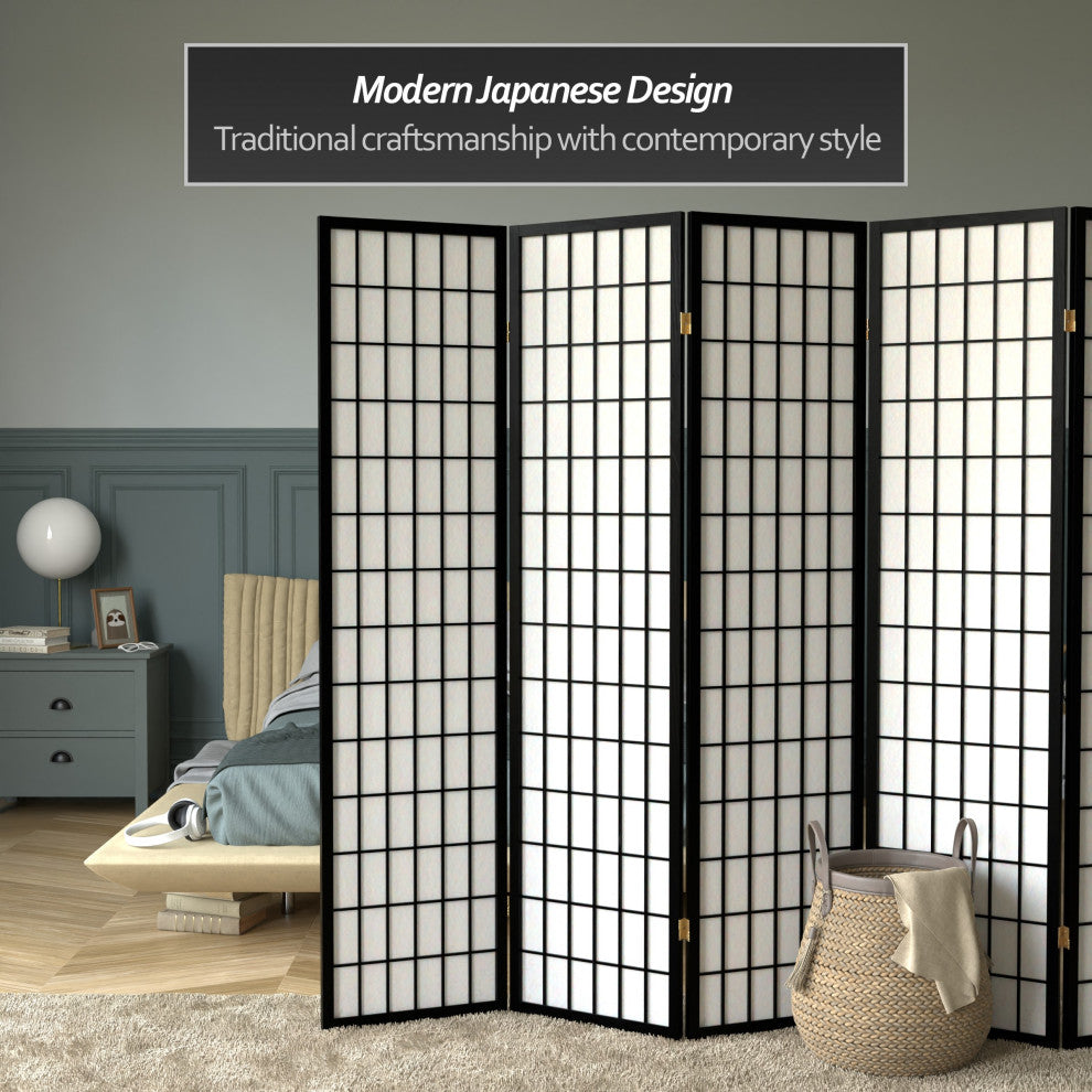 6' Tall Window Pane Shoji Screen, Black, 6 Panels