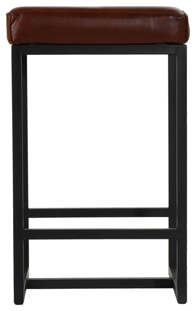 Bare Decor Cognac Backless Counter Stool, Genuine 100% Leather, Brown