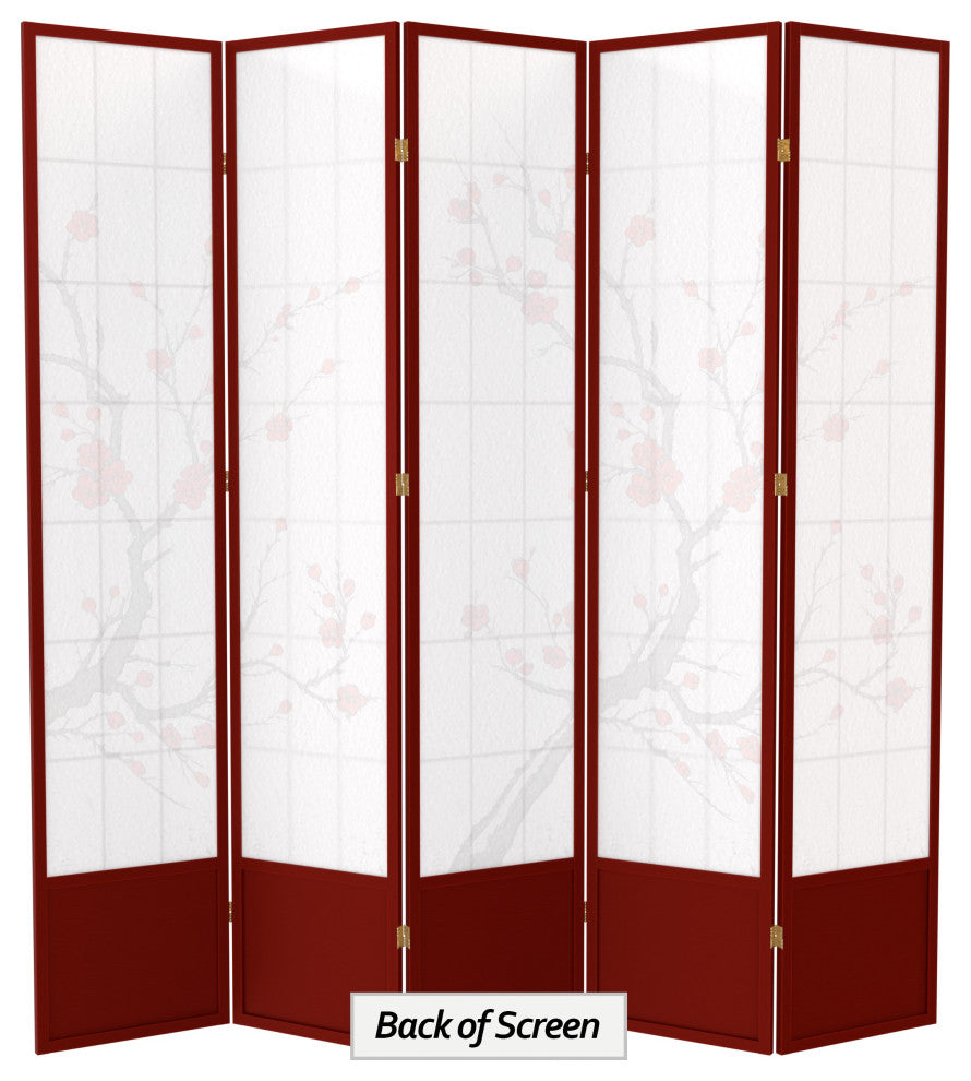 7' Tall Cherry Blossom Shoji Screen, Rosewood, 5 Panels