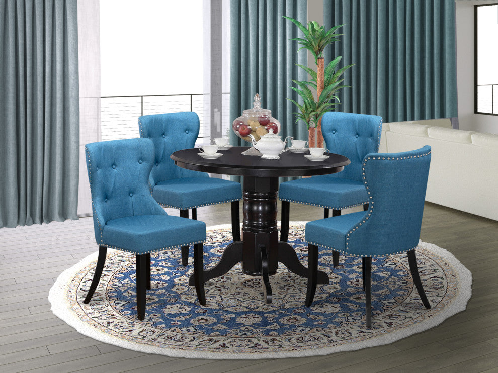 A Dining Set Of 4 Chairs, Mineral Blue Color, 42" Round Table Using Black Color
