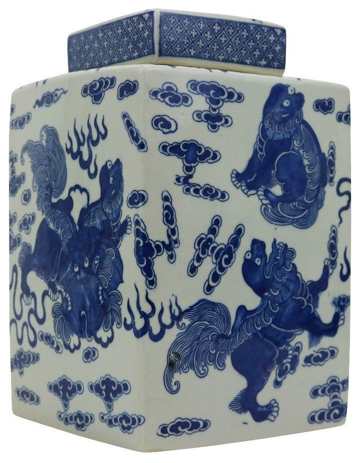 Blue and White Square Chinese Porcelain Ginger Jar Foo Dog Motif 11"