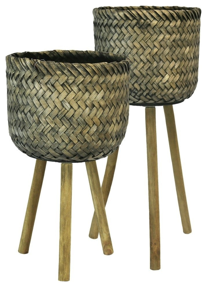 Sagebrook Home Bamboo Planters On Stands,  Brown, Set of 2