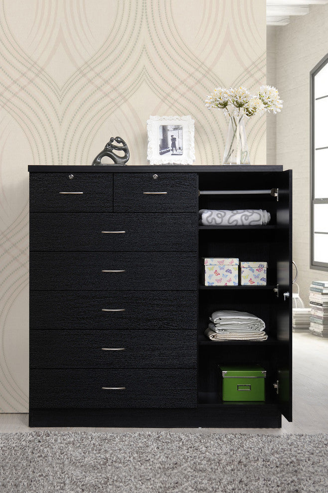 Hodedah 7 Drawer Chest with Locks on 2 Drawers and 1 Door in Black Wood