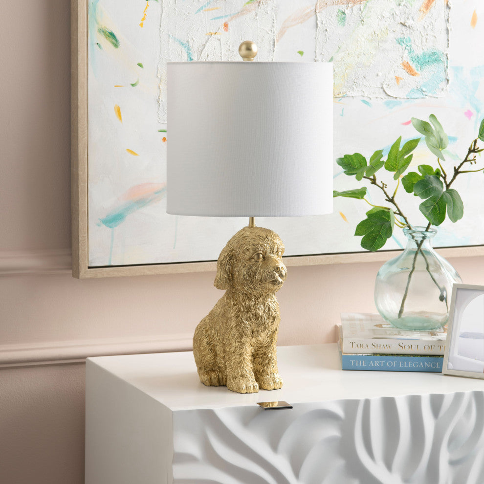 23" Gold Resin Doodle Dog Table Lamp With White Drum Shade