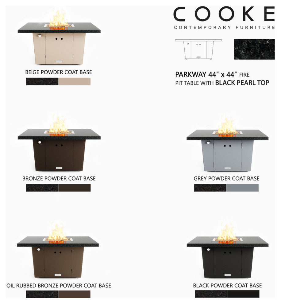 Square Fire Pit Table, 44x44, Chat Height, Natural Gas, Black Pearl Top, Beige