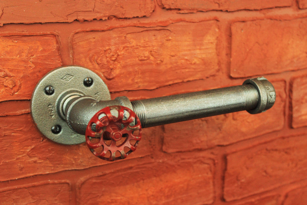 Industrial Pipe Toilet Paper Holder, Black Pipe, 1-Roll, Red Hose Knob