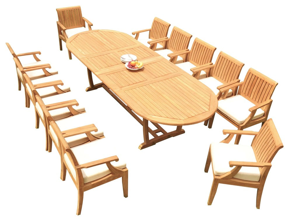 13-Piece Outdoor Teak Dining Set: 117" Masc Oval Extn Table, 12 Lagos Arm Chairs