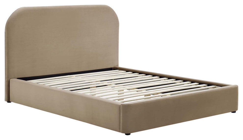Keynote Performance Velvet Curved Queen Platform Bed, Taupe