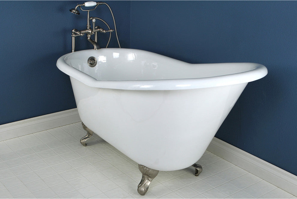 60" Single Slipper Clawfoot Tub No Faucet Drillings, White/Brushed Nickel