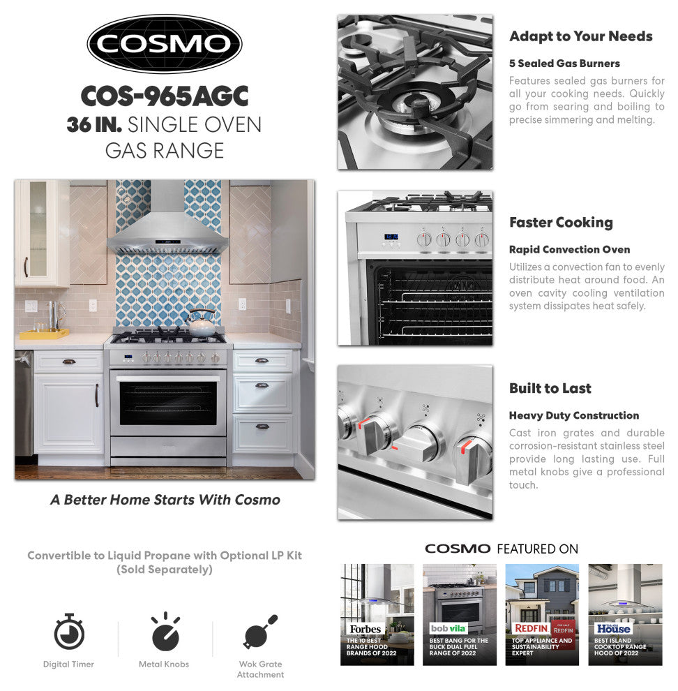 Cosmo Gas Range 5 Burners Modern Stainless Steel Convection Oven Professional