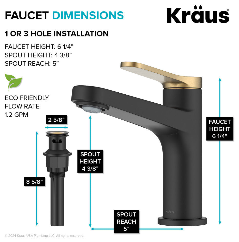 KRAUS Indy Single Handle Basin Bathroom Faucet Spot Free BBMB, Pop Up Drain