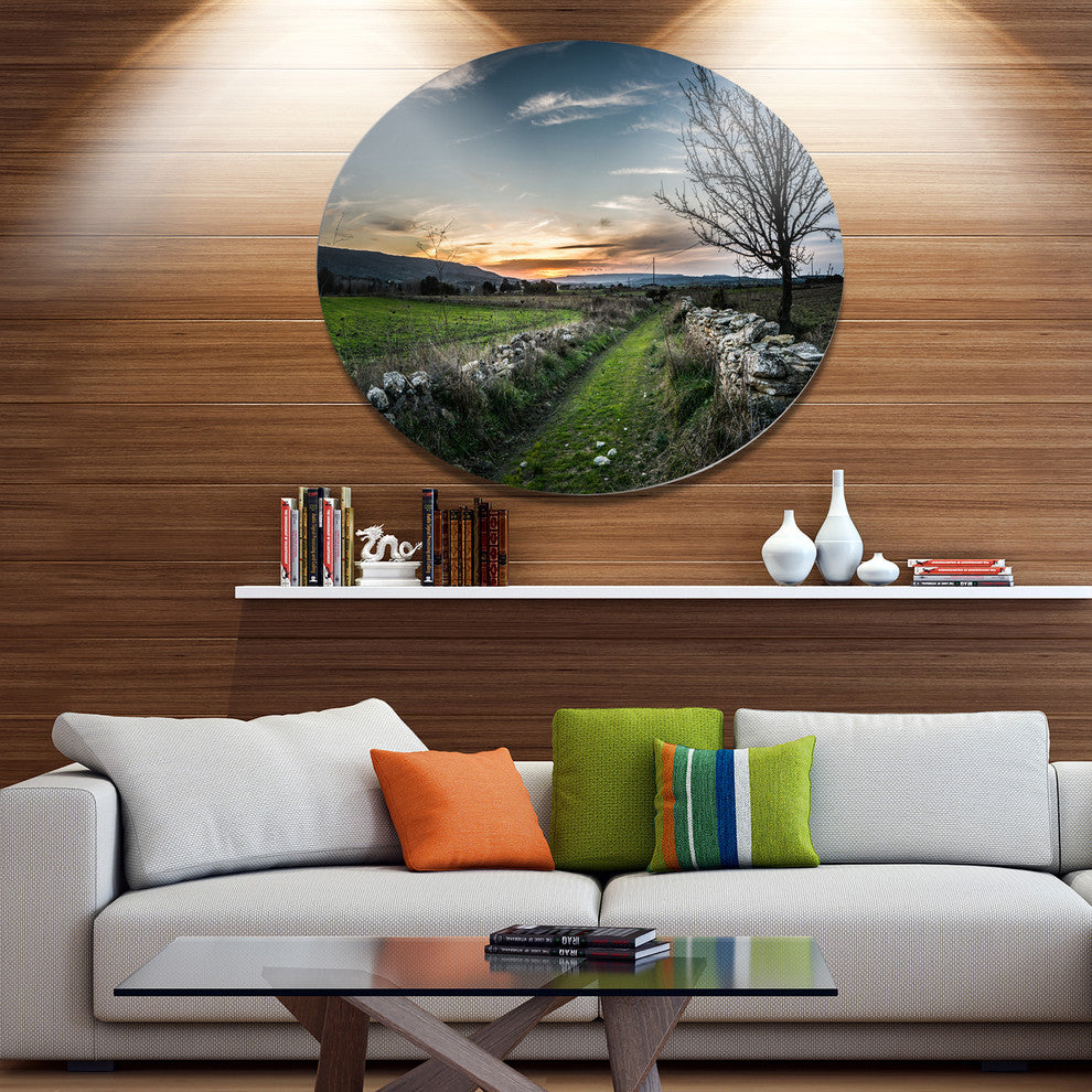 Rocky Fences In Green Grassland, Landscape Art Disc Metal Artwork, 38"
