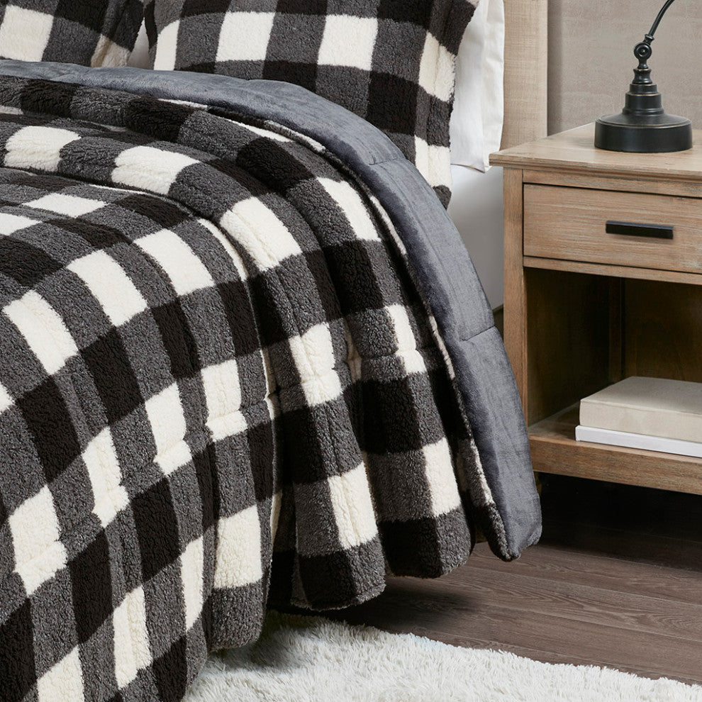 Sleep Philosophy Brooks Sherpa Black and White Buffalo Check Comforter Set