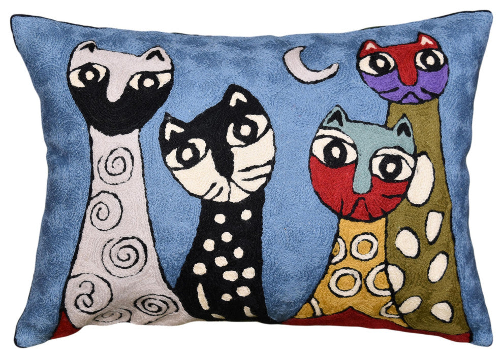 Lumbar Cat Pillow Cover Blue Cute Cat Cushion Cat Face Pillow Handmade Wool14x20