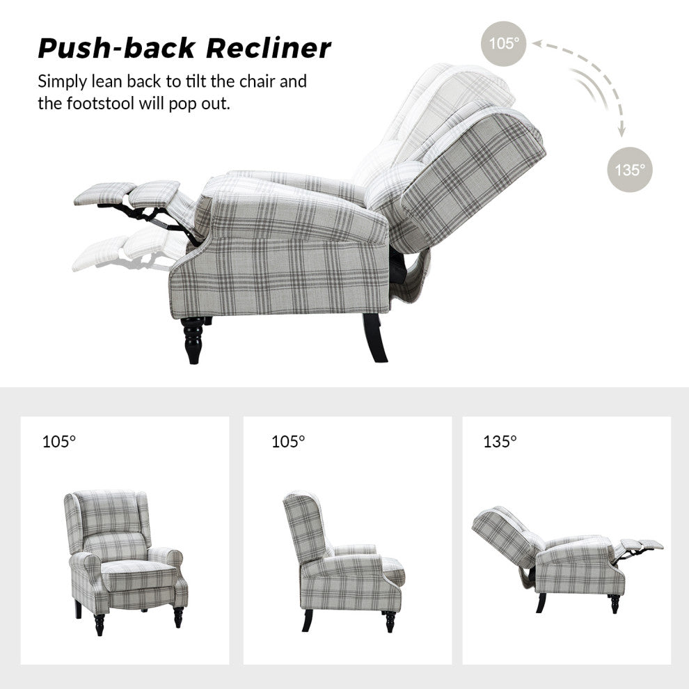 Modern Push-Back Plaid Recliner with Rolled Armrest, Plaid Gray