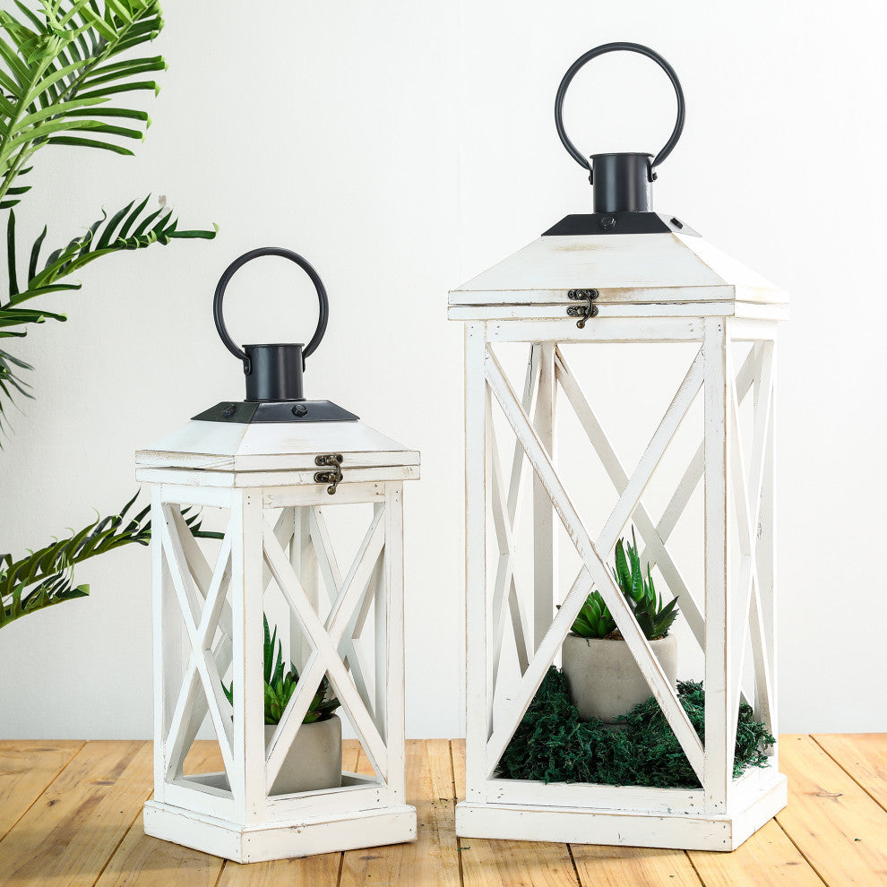 Set of 2 Farmhouse Wooden Lantern, White