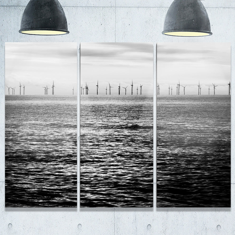"Wind Turbines Black and White" Metal Wall Art, 3 Panels, 36"x28"
