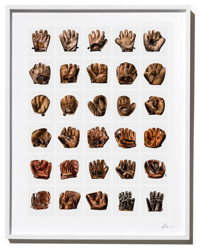 Vintage Baseball Glove Grid, Photograph, 14''x18'', White Frame